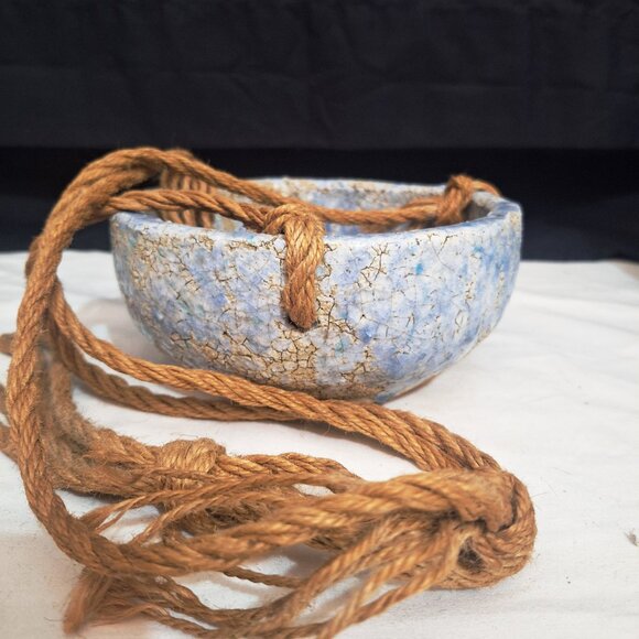 Anthropologie Rope Hanging Earthenware Planter Crackle Blue Glaze 7” Unused - Picture 1 of 6